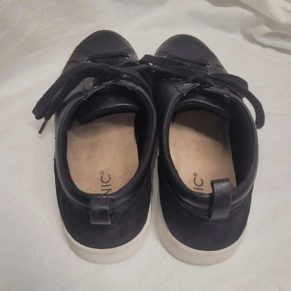 Vionic Elisia Black Leather Jute Trim Orthotic Sneakers Womens 10 Low Top Laces